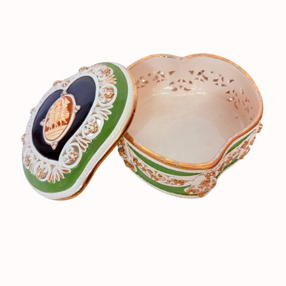 Italian Romantic Cameo Trinket Box Heart Shape Pierced Porcelain Jewelry Storage - Picture 8 of 16